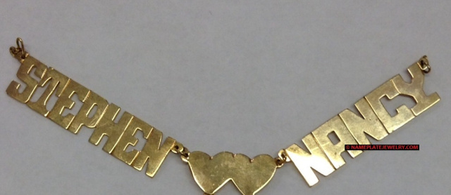 14K GP Silver 2 Names with Double Heart Bridge with Necklace